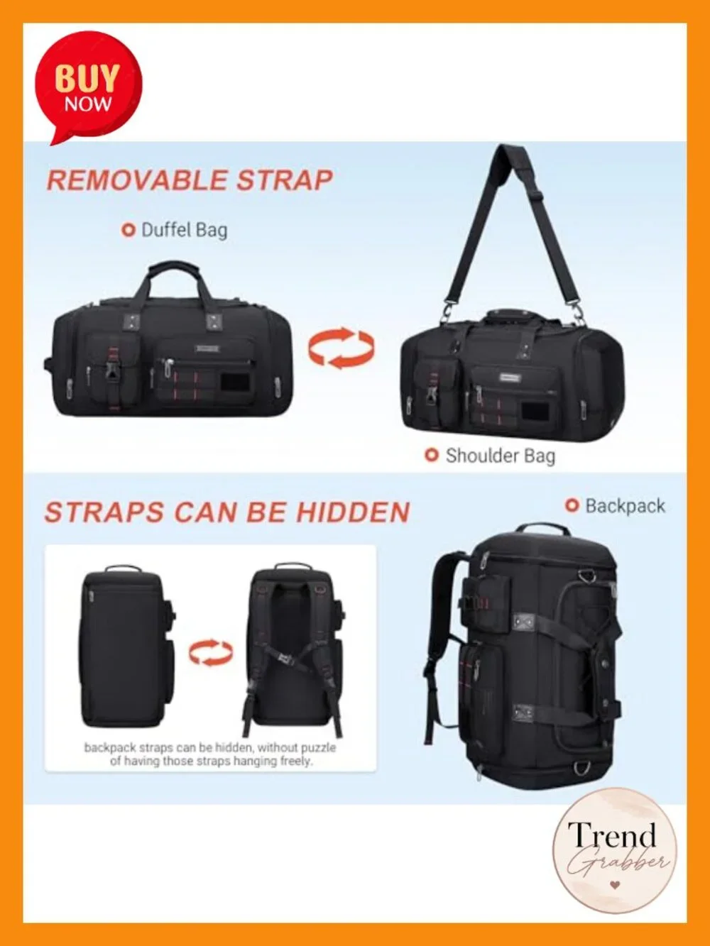 Convertible 45L Nylon Duffel Backpack Gym Travel Bag with Shoe Compartment